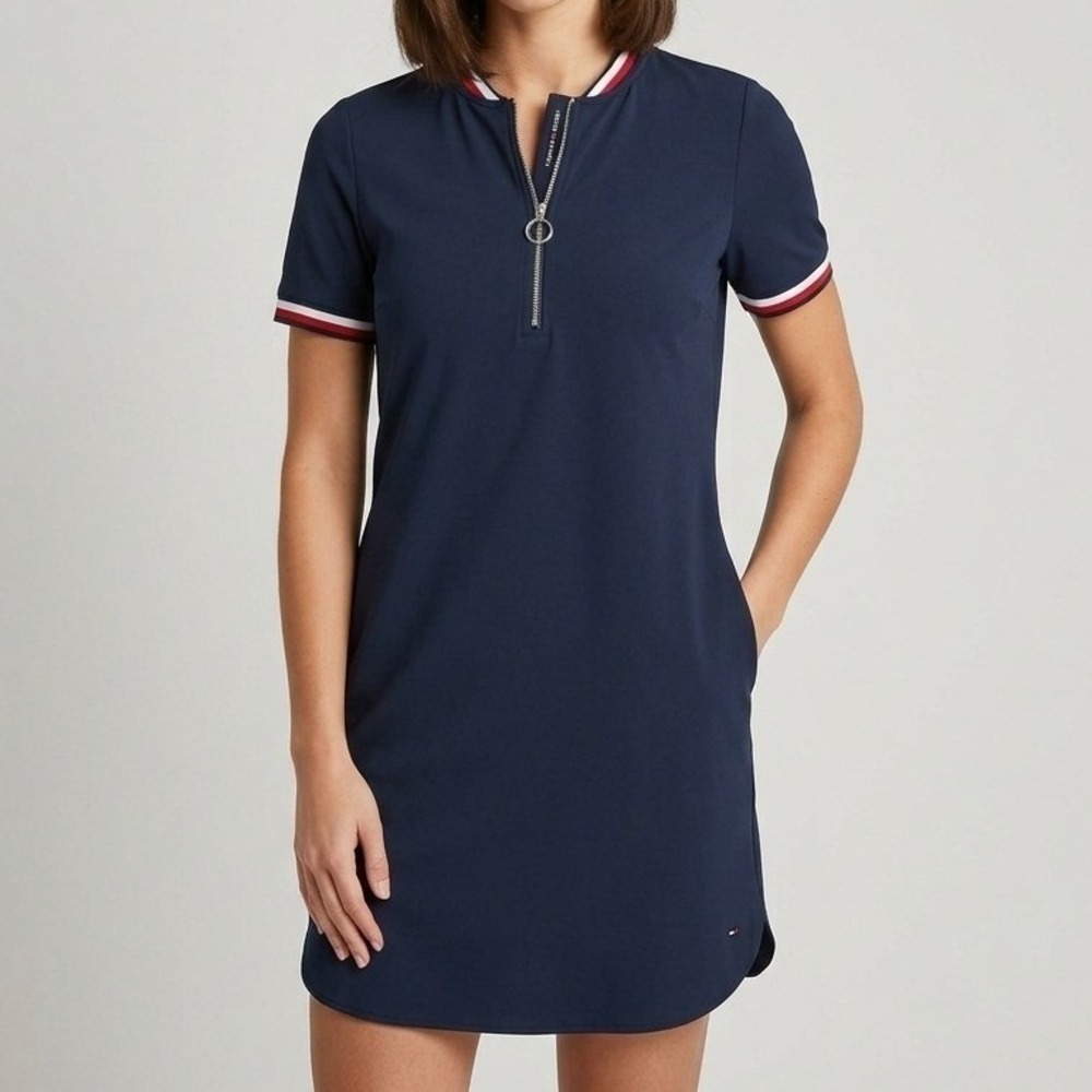 Tommy Hilfiger Shift Dress Women XXS Navy Blue Quarter Zip Short Sleeve Nautical